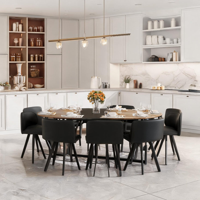 Ensemble de salle à manger ovale 9 pièces avec plateau en panneau de fibres à densité moyenne bicolore et 8 chaises en cuir de polyuréthane noir foncé, 8 places, style industriel pour la cuisine
