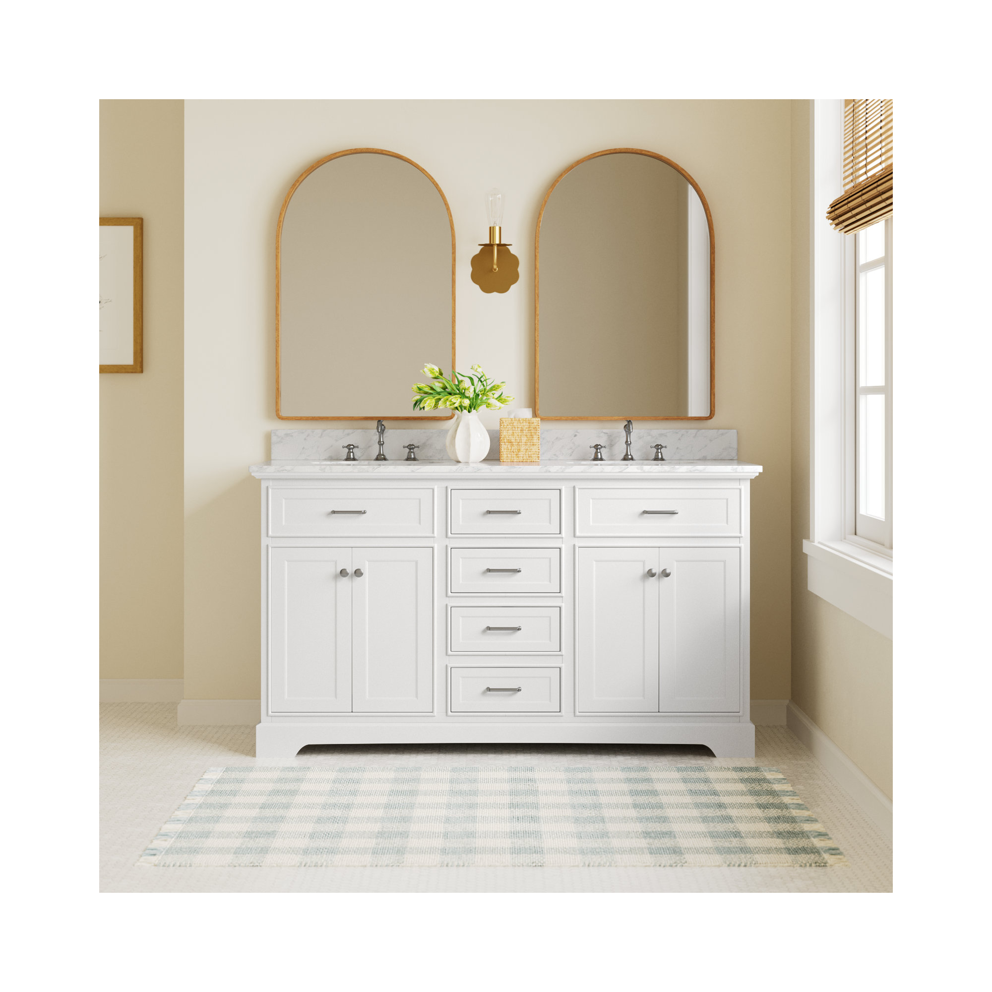 Ronnie 60'' Double Bathroom Vanity, White, Carrara Marble