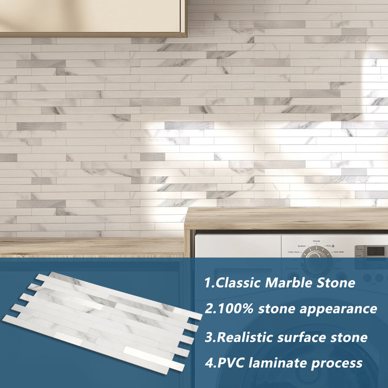 6" W X12" L PVC Peel and Stick Backsplash Tiles with Stone Metal Look, Self-Adhesive Wall Tiles,Easy Install, Marble White