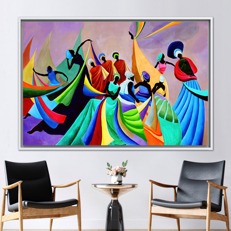 Art africain sur toile - Danseuses colorées abstraites modernes imprimées sur fond noir, H 22 po x l 30 po, Blanc