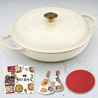Overmont 3.8 Qt. Enameled Cast Iron Shallow Dutch Oven Braising Pan with Lid, Oven Safe to 500°F