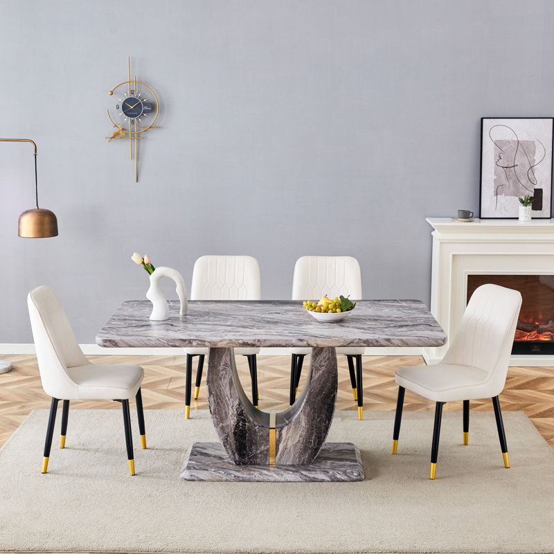 63" Modern Gray Dining Table Set With PU Leather Chairs, U-Shaped MDF Base, 5 Pieces: Table, 4 Chairs, White