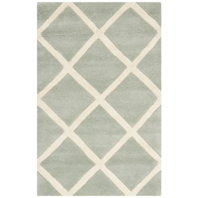Tapis gris / ivoire / bleu en laine touffeté à la main à motif géométrique Teresita, Rectangle 2 pi x 3 pi
