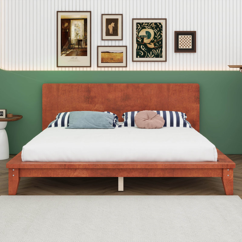 Lit plateforme, cadre de lit moderne de style Mid-Century avec tête de lit, cadre de lit uni, Grand lit, Brun