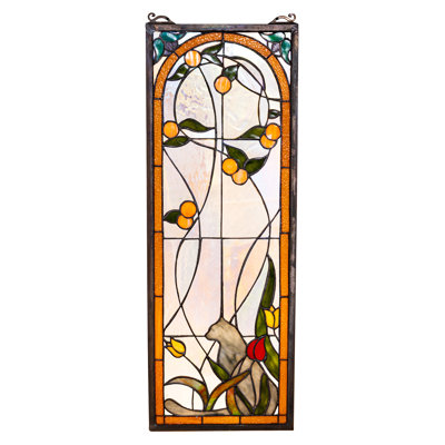 Tiffany Cat and Tulips Stained Glass Window