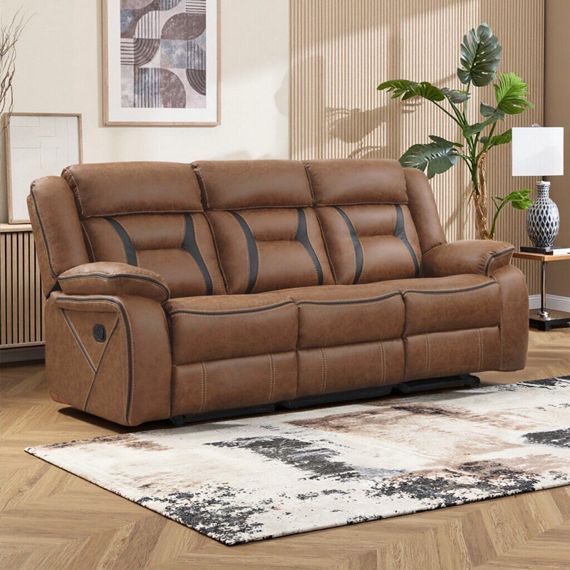 84.6" Wide Vegan Leather Manual Reclining Sofa, 3-Seater Recliner Couch with Pillow Top Arms & Wide Backrest