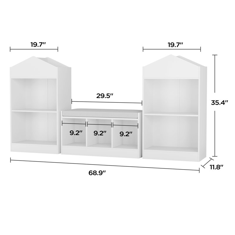 68.9“ Kids Bookshelf With Reading Nook, Toy Storage Organizer With Seat Cushion And 7 Storage Cubbies, Wooden Kids Bookcase, Toy Organizers And Storage For Nursery, Playroom, White