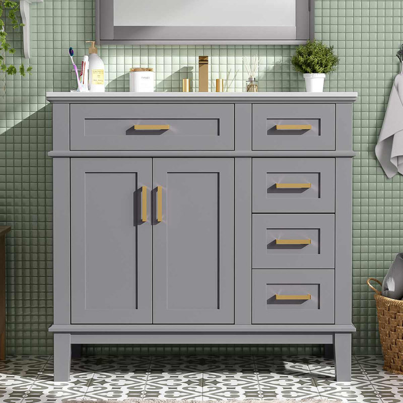 Meuble-lavabo moderne de 36 pouces avec lavabo en céramique et armoire à quatre tiroirs