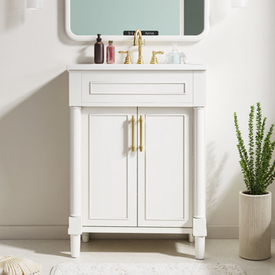 24 Inch Bathroom Vanity with Ceramic Sink, 2-Door Storage Cabinet, Adjustable Shelf for Small Spaces, White Finish