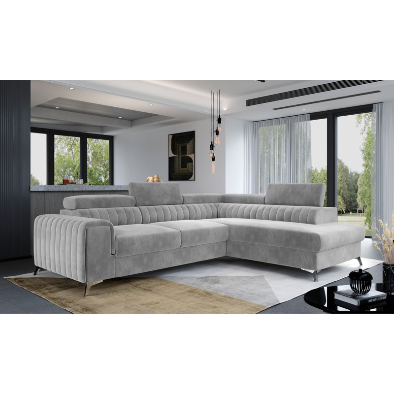 Aimantas 3 Seater Velvet Sofa Bed, Right Hand Facing, Light Grey Velvet