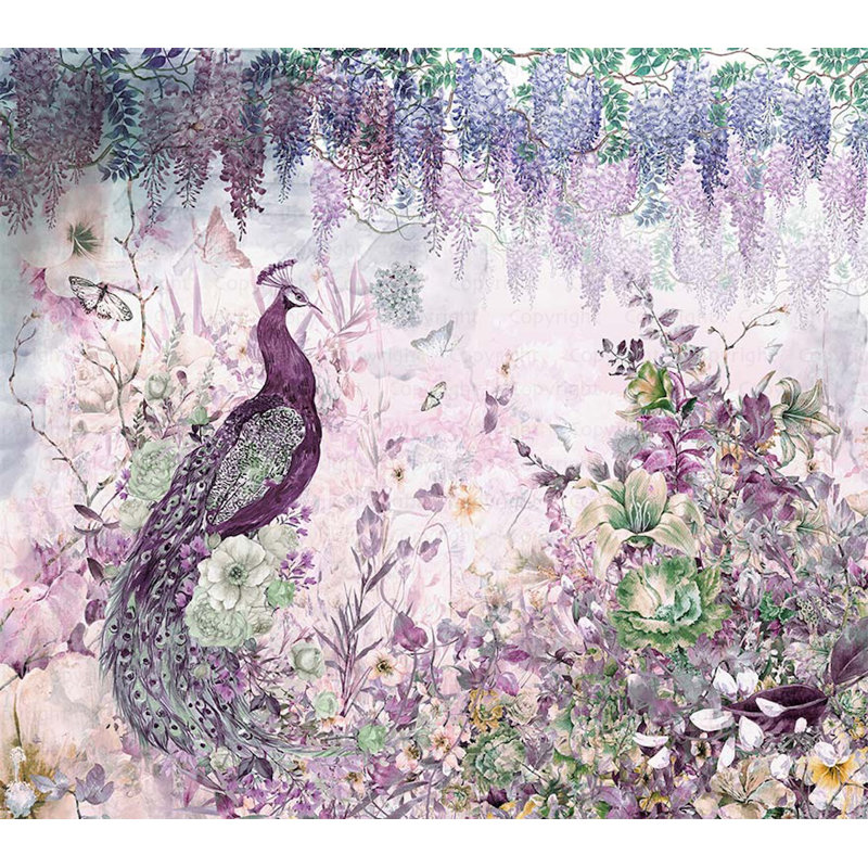 Murale de papier peint paon avec des accents floraux et de glycine, L 117,96 po x l 131 po, Mauve