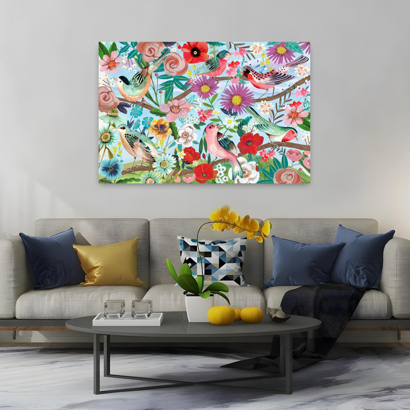 Art contemporain, art abstrait coloré, forêt d'oiseaux, H 60 po x l 40 po