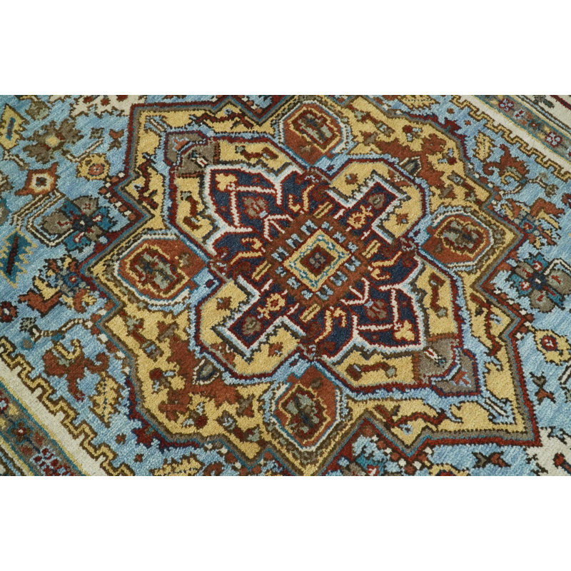 Tapis oriental en laine noué à la main bleu / ivoire / brun / beige Heriz