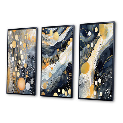 Pastel abstrait avec taches bleues noires et dorées - ensemble d'art géométrique moderne de 3 pièces
