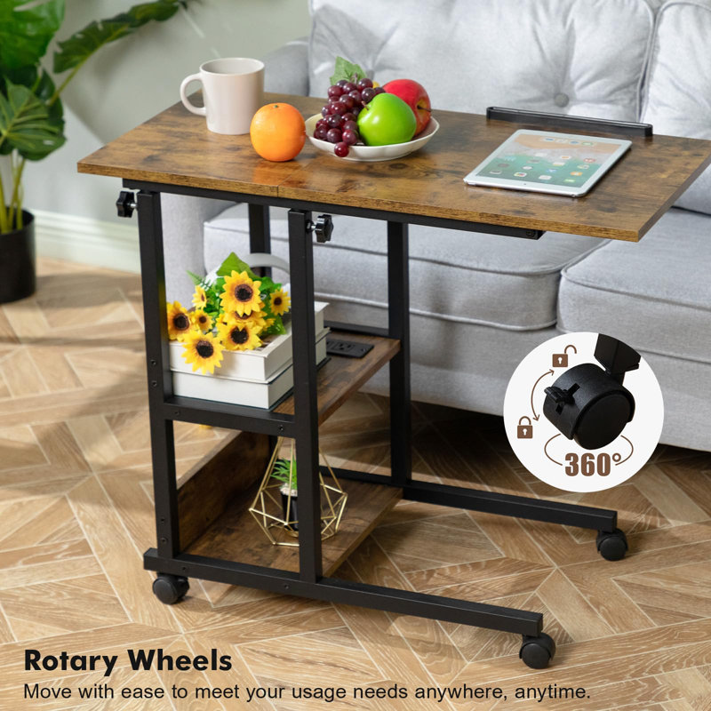 Adjustable C Table With Charging Station, Tiltable Desk C Shaped End Table For Couch, Over Bed Table With Wheels Adjustable Height, Hospital Table Laptop Stand Drawing Desk, Rustic Brown