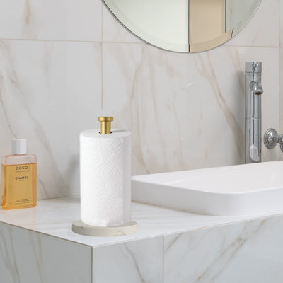 Porte-rouleau de papier essuie-tout de comptoir, support sur pied pour rouleau de papier essuie-tout pour cuisine et salle de bain, avec base lestée en marbre pour une utilisation à une main (doré), porte-rouleau de papier essuie-tout doré, marbre