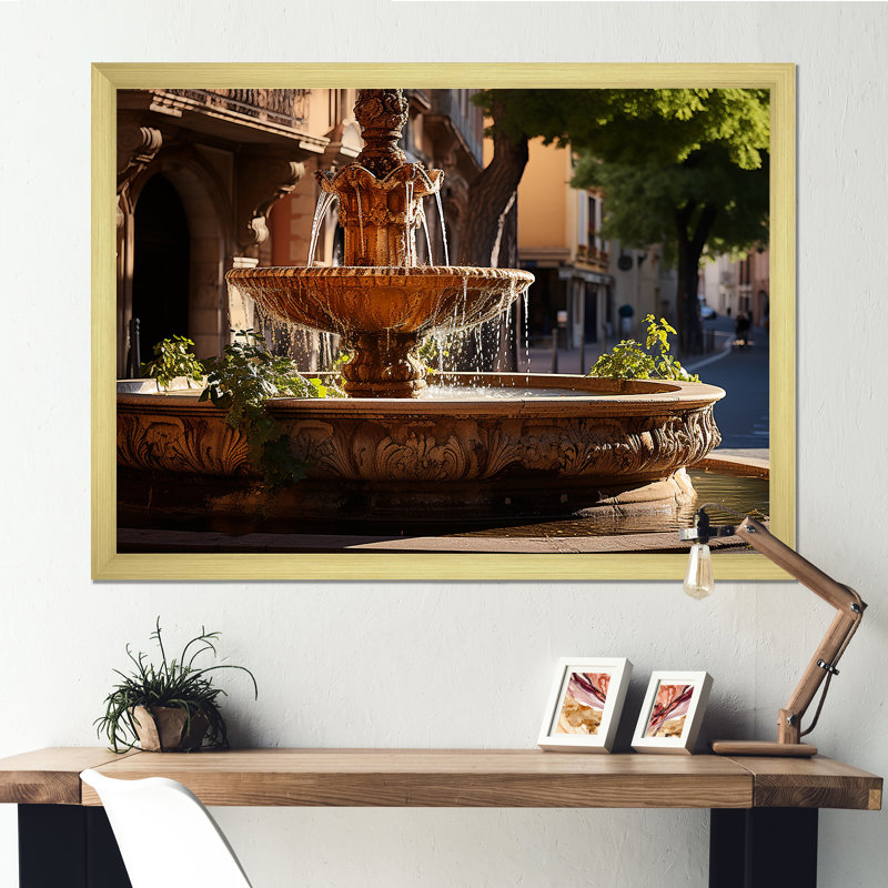 Fontaine sur la côte d'azur sur toile, Cadre doré simple, H 12 po x l 20 po x P 1 po