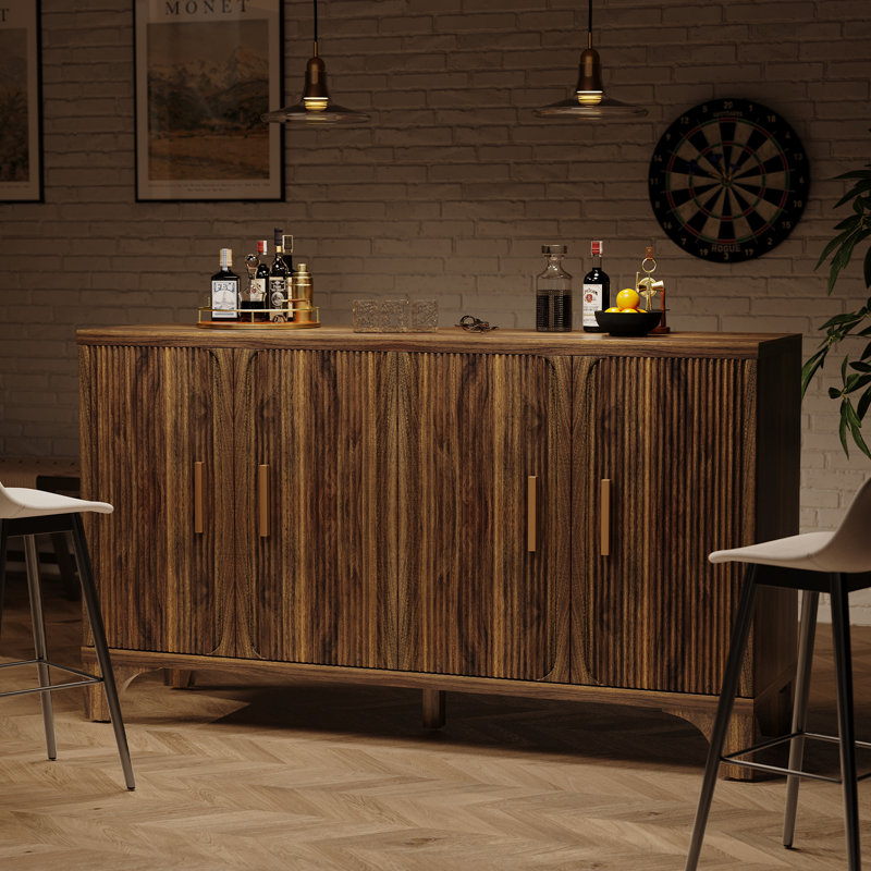 55 Inches Mid Century Modern Buffet Cabinet With Storage, Accent Sideboard And Credenza With Fluted Doors, Wood Coffee Bar Console For Kitchen, Living Room, Dark Brown