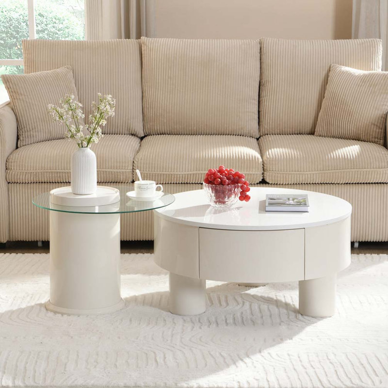 Ensemble de 2 tables basses rondes gigognes, Blanc cassé, Blanc cassé