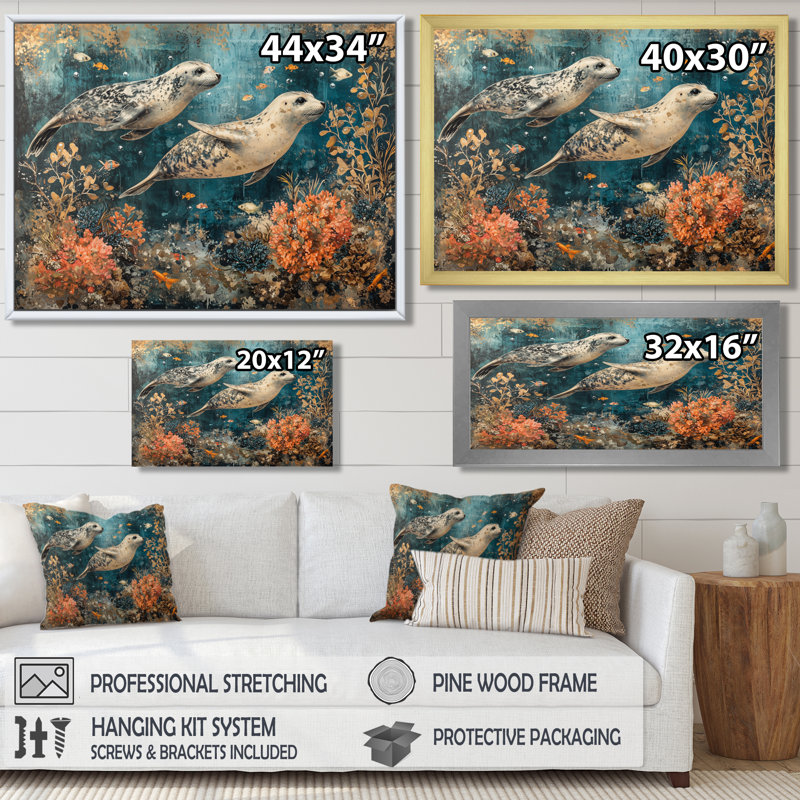 Aquarium avec sceaux au-dessus du corail II - phoque, art mural, H 30 po x l 40 po, Reproduction encadrée, Blanc