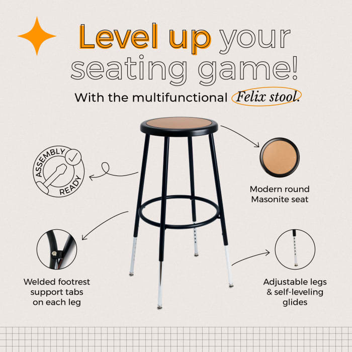 Felix Height Adjustable Steel Stool, Assembly Ready, Bar Stool, Black