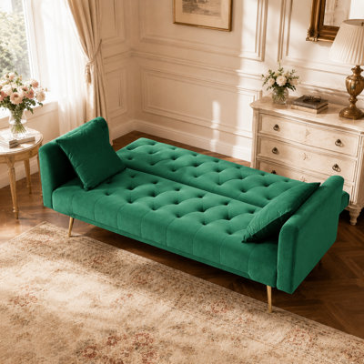 Canapé-lit convertible Varlune 71" en velours, style rétro américain, 2 places, avec 3 positions de dossier réglables, coussins, pieds en métal doré et capacité de charge de 272 kg.
