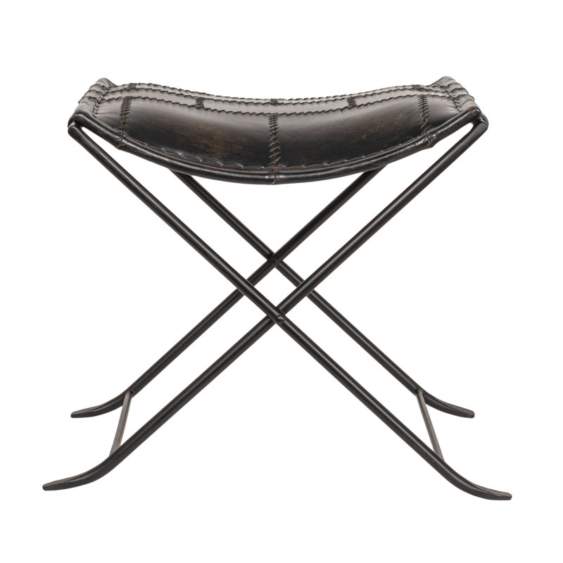 Collapsible Leather and Metal Stool, Charcoal