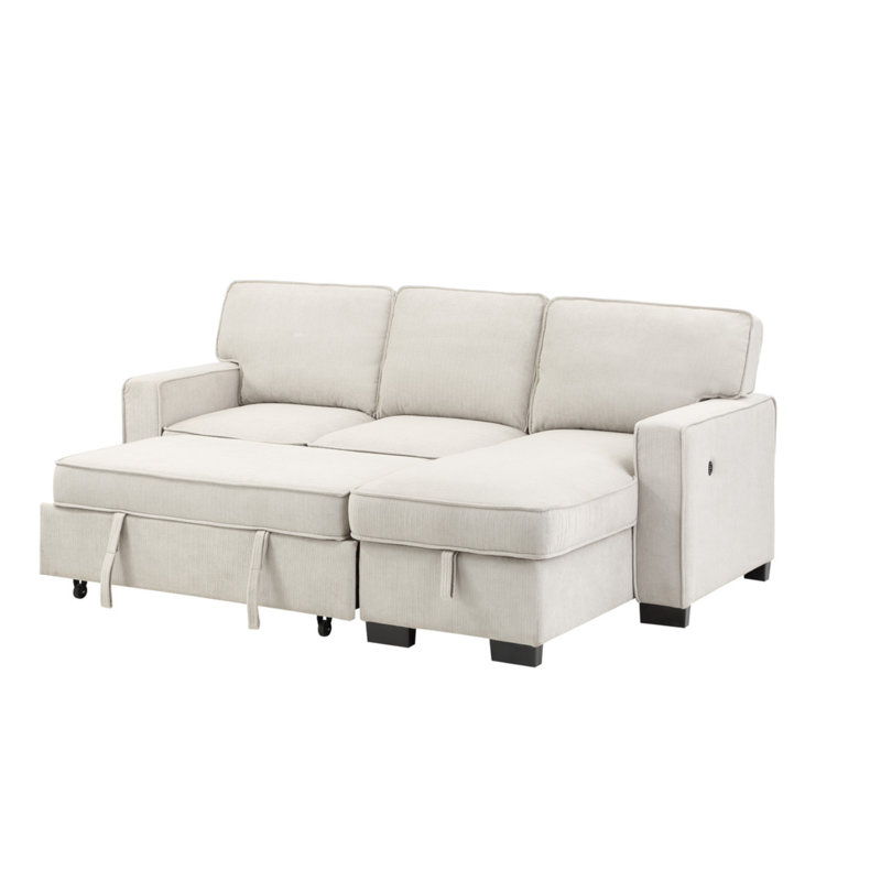 Estelle 86.5"W Beige Fabric Reversible Sleeper Sectional With Storage Chaise Drop-Down Table 2 Cup Holders And 2USB Ports