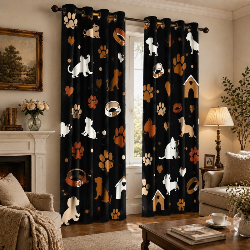 Ensemble de 2 rideaux occultants à motifs de chiens et de pattes, motif animalier amusant, œillets résistants pour la décoration de chambre d'enfant ou pour la maison.
