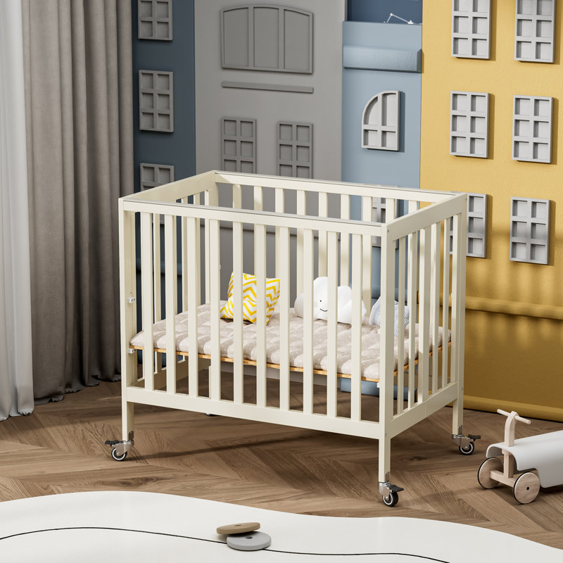 Hiltz Foldable Portable Crib With Mattress, French White