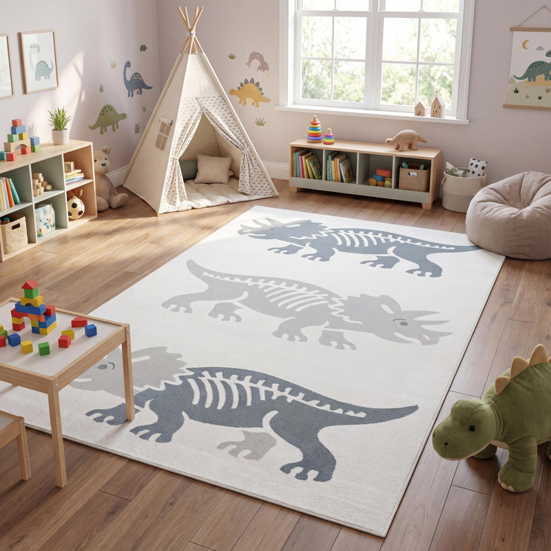 Tapis crème / bleu Trike Triceratops Modern Kids, Crème/bleu, Rectangle 5 pi 3 po x 7 pi 7 po