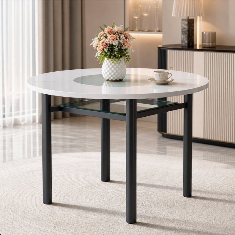 Table de salle à manger ronde de style moderne du milieu du siècle (42 po) avec incrustation en verre trempé et tablette inférieure