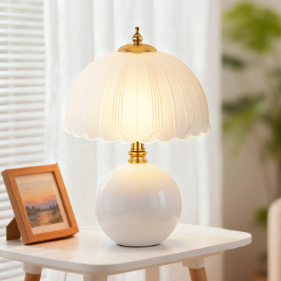 11.8" Ceramic Table Lamp, Bedside Lamp with Glass Shade, 3-Way Lighting Rocker Switch, Small Nightstand Lamp for Bedroom, Living Room, Office