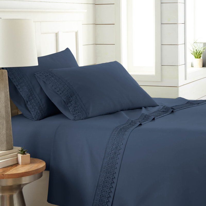 Jaquil Extra Deep Pocket Microfiber Sheet Set with Lace Hem, California King, Dark Blue