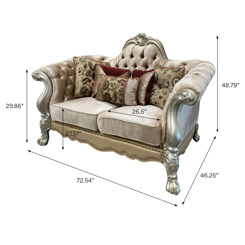 Causeuse capitonnée à volutes florales avec 5 coussins, velours os et patine dorée