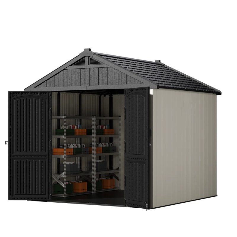 8 Ft. W X 8 Ft. D Plastic Storage Shed With Floor, Resin Shed With Reinforced Steel Structure, Beige