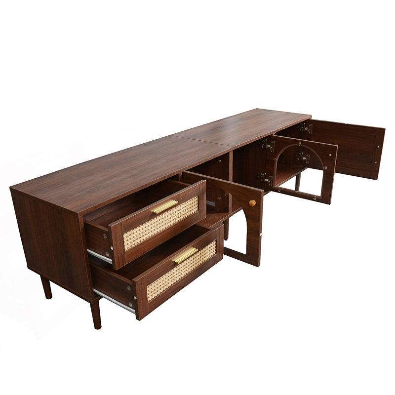 Rattan TV Stand With 3 Cabinets & 2 Drawers, LED Light Entertainment Center For Tvs Up To 80 Inches, Modern And Durable Media Console