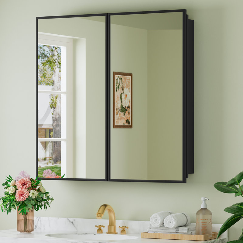 Armoire à pharmacie de salle de bain noire l 30 po x H 30 po avec miroir, tablettes réglables en verre trempé, grand espace de rangement, encastré ou en surface