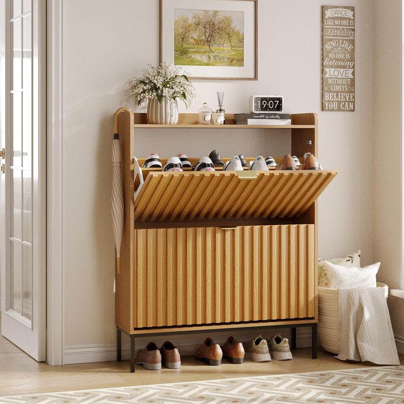 Fluted Shoe Storage Cabinet With 2 Flip Drawers
