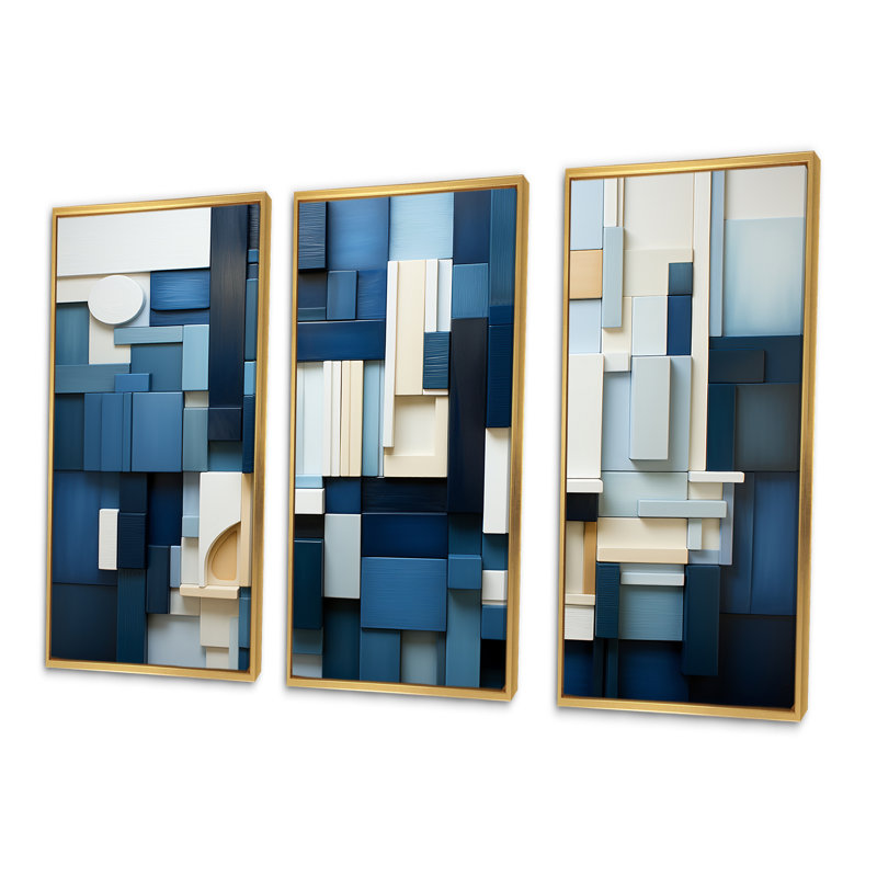 «Blue Behemoths Modern Skycrapers - Skyscrapers», ensemble d'art mural, Cadre flottant doré, H 28 po x l 36 po x P 1 po