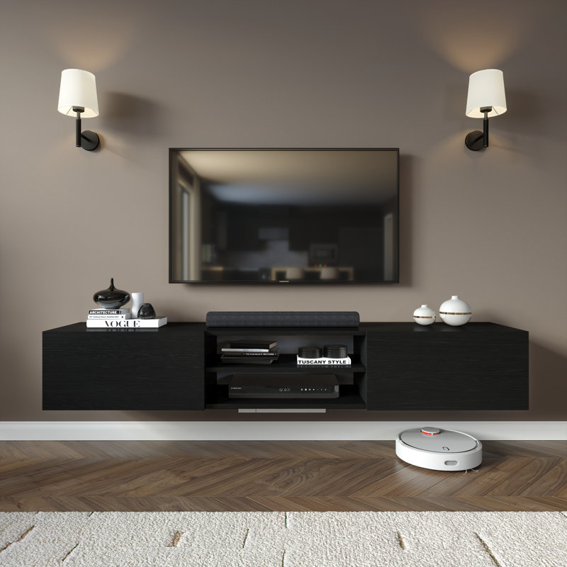 Meuble télé flottant pour téléviseur de 80 po ou moins Desmone, console multimédia murale, grain de bois noir 71 po