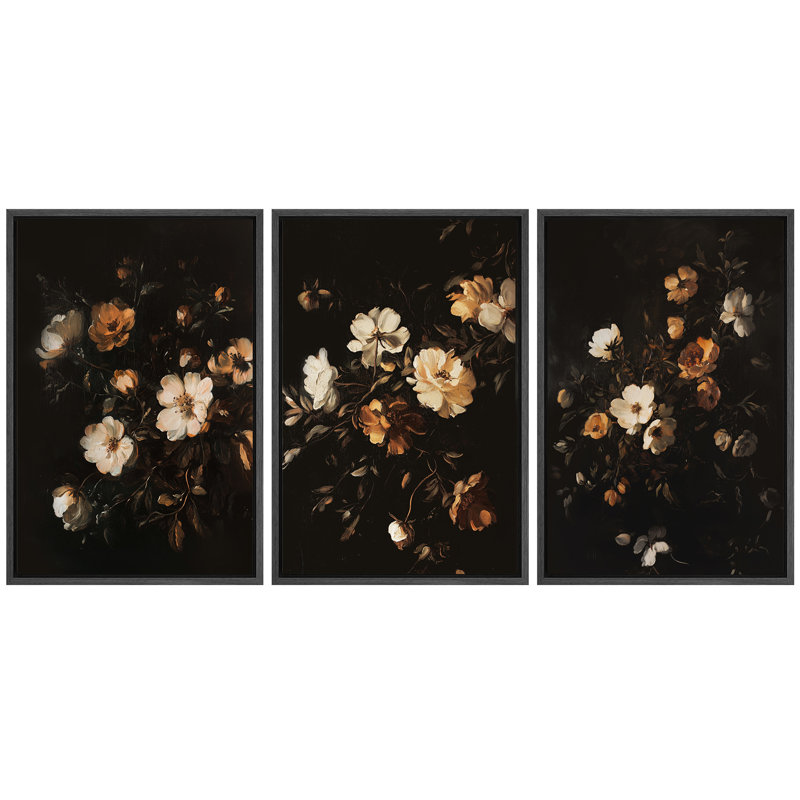 Vintage Floral Canvas Wall Art Set, Dark Botanical Framed Art Prints for Classic Bedroom or Elegant Living Room Gallery Wall Decor