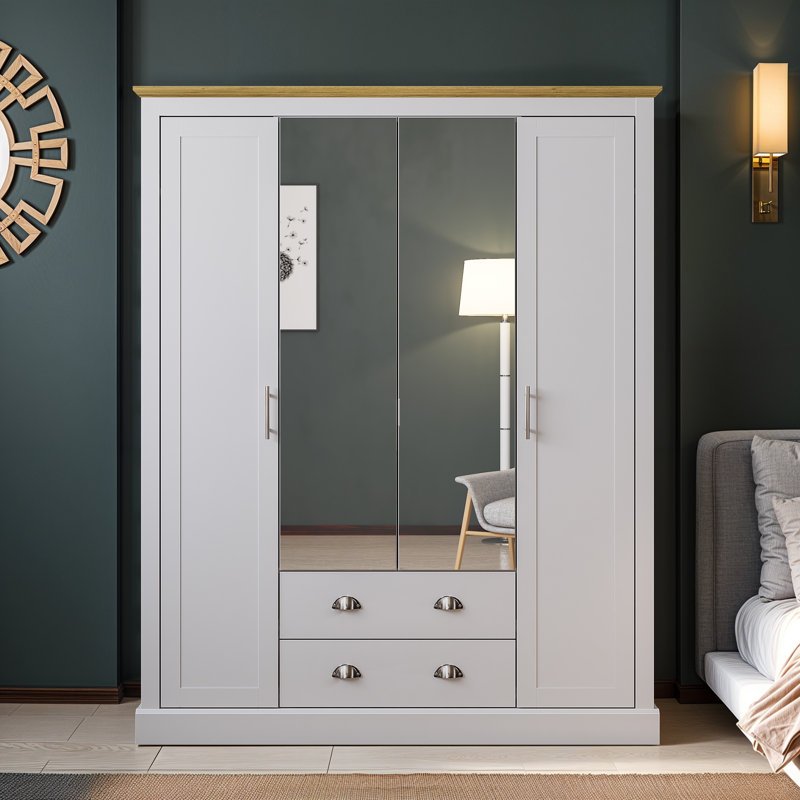 Sufy 4 Door 2 Drawer Wardrobe With Mirror, White