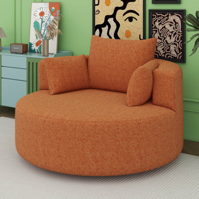 Oversized Swivel Accent Chair, 360° Round Barrel Chair With 3 Pillows, Chenille Sleeper Sofa Chair With Wide Armrest