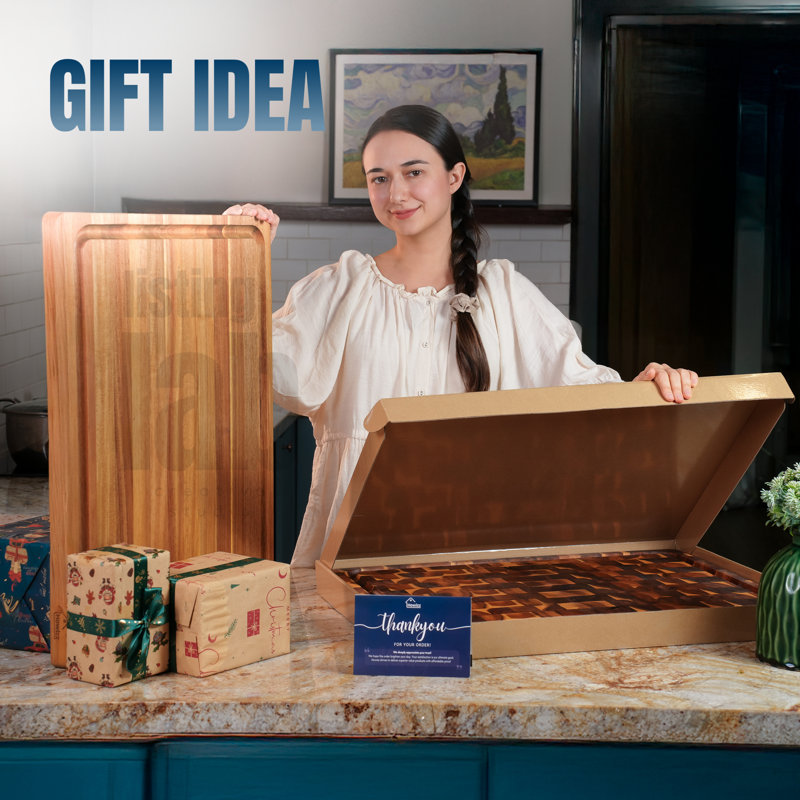 Howard Edge Grain Acacia Solid Wood Cutting Board - Reversible Extra Large Butcher Block with Juice Groove and Easy Grip Handle for Chopping, Serving, and Meal Prep
