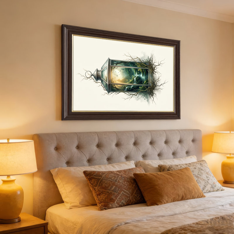 Art mural antique sur toile encadré doré pour le salon, la chambre à coucher, le bureau ou le vestibule - Décoration murale décorative avec lanterne nature