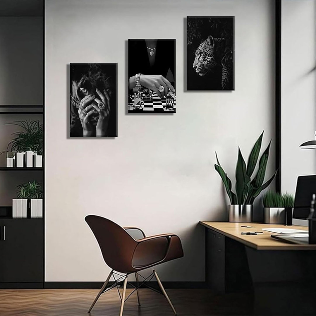 3Pcs Trendy Black White Cheetah Canvas Wall Art Fashion Leopard Paintings Pictures Wall Decor Woman Playing Chess Posters Prints Feminist Luxury Artwo