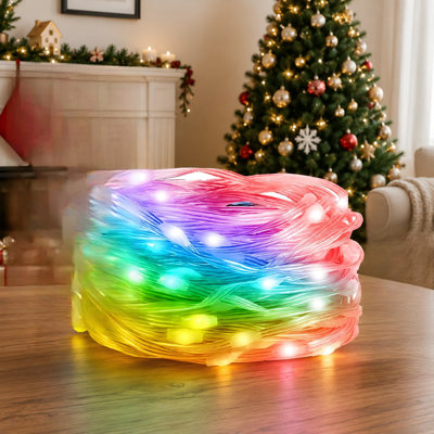 A 24-Foot smart USB fairy LED strip with app and remote control, color-changing and DIY functions, music sync, timer modes, and an IP20 waterproof specification for festival, party, Christmas, or room decorations.