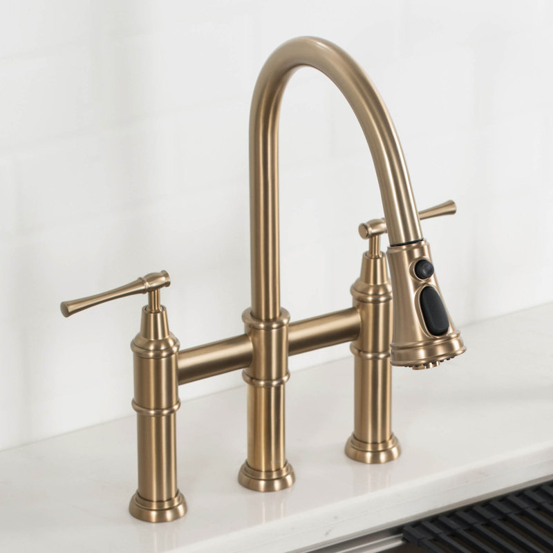 Kraus Allyn Transitional Bridge Kitchen Faucet and Water Filter Faucet Combo, Brushed Gold, Without Filter Beverage Faucet
