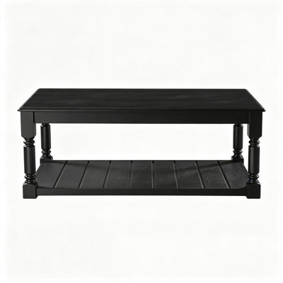 Farmhouse Black Rectangular Wood Coffee Table, Solid Wood & MDF Accent Cocktail Table with Slatted Lower Shelf, Turned Leg 2‑Tier Storage Table for Li